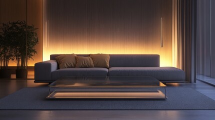 Poster - A modern living room with a sleek gray sofa, a glass coffee table, and warm ambient lighting.