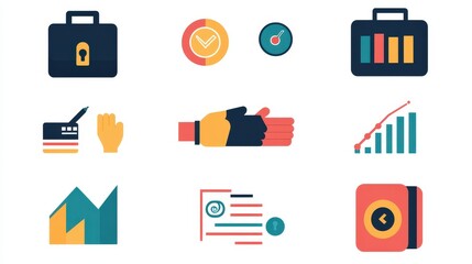 Poster - A modern set of minimalistic business icons, including briefcase, handshake, and bar chart, in a flat design style