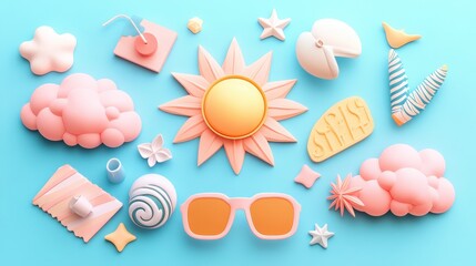 Poster - A modern summer elements collection with pastel-colored sun, clouds, and stylish beach accessories.