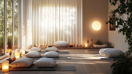 Poster - A modern yoga studio with a minimalist aesthetic, featuring soft cushions, candles, and calming decor