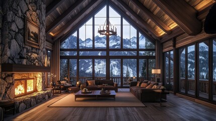 Poster - A mountain lodge with a stone fireplace, large windows, and a breathtaking view of the peaks