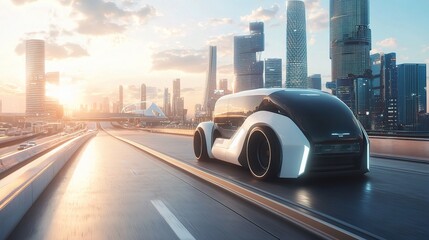 Poster - Futuristic Autonomous Truck on Urban Highway at Sunset