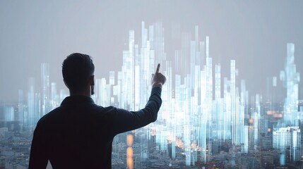 Poster - Businessman Analyzing Virtual Financial Data with City Skyline View