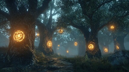 Poster - mysterious, enchanted forest where ancient trees have glowing symbols on their trunks.