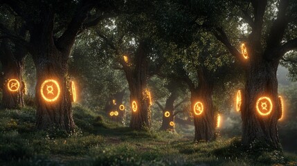Poster - mysterious, enchanted forest where ancient trees have glowing symbols on their trunks.