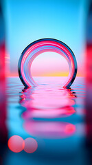 Poster - Pink and Blue Abstract Circle Portal Reflecting on Water at Sunset