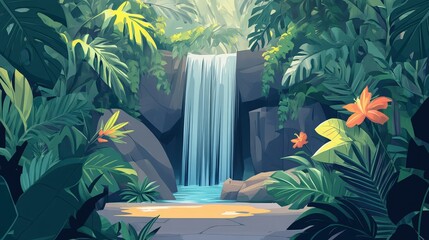 Poster - A mysterious summer background with a hidden tropical waterfall surrounded by lush greenery.