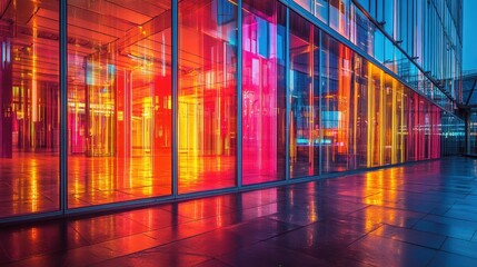 Poster - A neon-lit abstract architectural landscape with vibrant reflections on metallic surfaces.