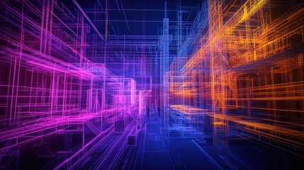 Poster - A neon-lit abstract construction site with holographic blueprints projected onto massive steel frames