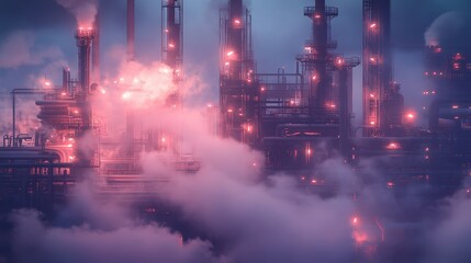 Poster - A neon-lit cyberpunk city filled with fog and smoke from industrial pipes.