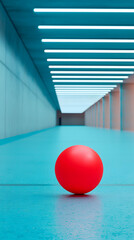 Poster - Red Sphere in a Blue Corridor with Bright Fluorescent Lights