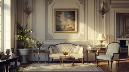 Poster - A Parisian-style living room with elegant moldings, classic artwork, and a sophisticated atmosphere.