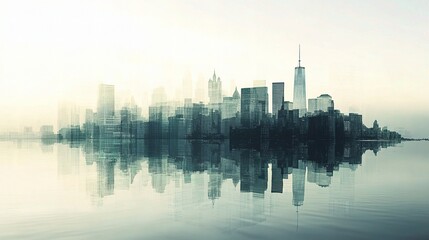 Poster - Double Exposure Cityscape with Soft Reflections in Calm Waters