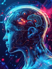 Leinwandbilder - Exploring the connection between AI, robotics, and cognitive technology through a vibrant digital illustration