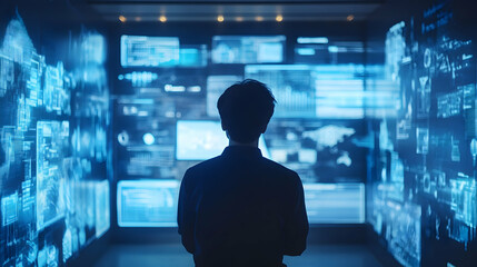 Data Analyst Man Back View in Blue Futuristic Control Room Monitoring Financial Charts AI System Artificial Intelligence Technology