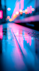 Poster - Wet City Street at Night with Neon Pink and Blue Lights