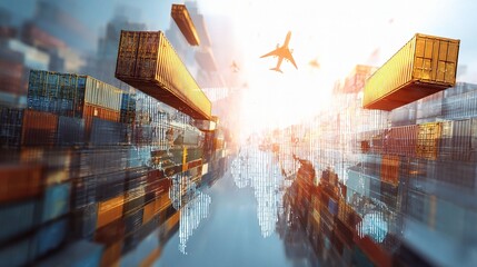 Poster - Global Trade Concept with Containers, Airplanes, and Digital Elements