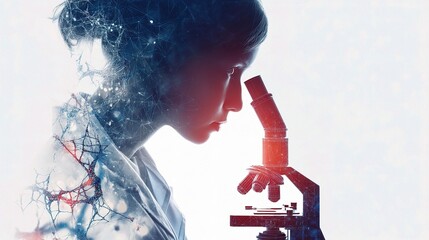 Poster - Young Woman Using Microscope in Double Exposure Style Artwork