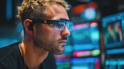 Poster - Trader Using Augmented Reality Glasses While Analyzing Market Data