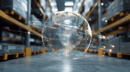Poster - Spinning Digital Globe Over Warehouse Racks in Modern Facility