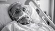 © Oleh - Close-up black and white portrait of a senior patient wearing an oxygen mask, lying in a hospital bed, highlighting the challenges of aging and healthcare