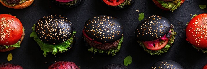 Poster - Colorful burgers with unique buns and toppings illuminated by ambient lighting ready to delight in a vibrant culinary presentation