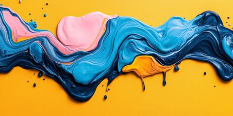Poster - vibrant paint strokes abstract artwork with flowing colors and dynamic shapes on yellow background