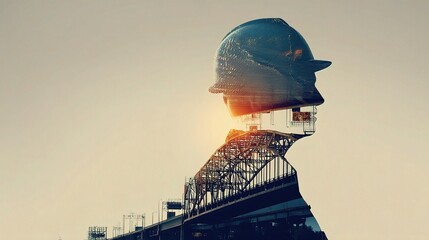 Poster - Silhouette of Industrial Worker with Urban Background at Sunset