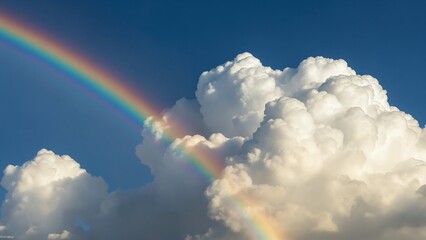 Poster - A vibrant rainbow arcing through fluffy, sunlit clouds, wonder, phenomenon
