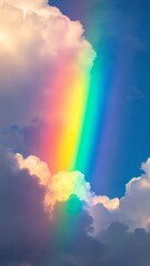 Poster - A vibrant rainbow arcing through fluffy, sunlit clouds, wonder, phenomenon
