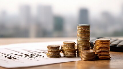 Poster - Coins and Financial Graph on Table with Calculator and Background Blur