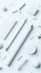 Poster - White Pencil and Geometric Shapes Flatlay