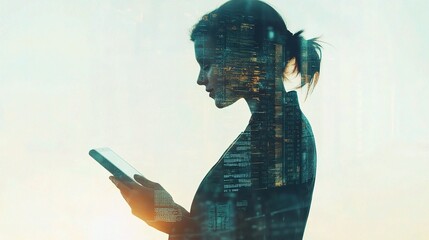 Poster - Double Exposure of Businesswoman Holding Tablet with City Skyline