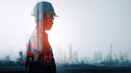 Poster - Abstract Double Exposure of Engineer Silhouette with Urban Landscape