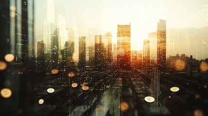 Poster - Double Exposure of Urban Landscape with Floating Coins at Sunset