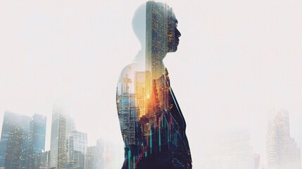 Poster - Professional Businessman with Double Exposure in City Landscape