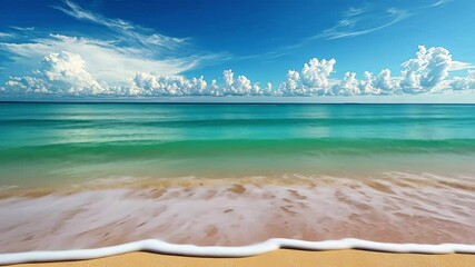 Wall Mural - Vibrant turquoise waves gently lap against the untouched sands of a tranquil beach under a bright blue sky, Beach of idyllic sea shore Untouched sand and vibrant blue sky over horizon