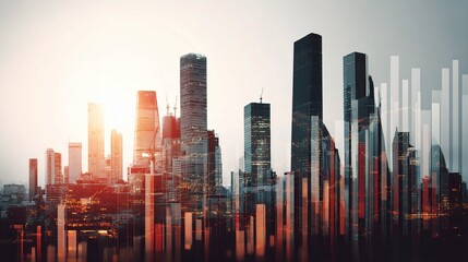 Poster - Modern City Skyline with Business Charts Overlaid Background