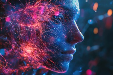 Poster - Digital representation of human DNA strands intertwined with a human profile, illustrating biotechnology and genetics, dna strands over digital human