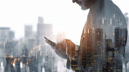 Poster - Businessman Using Smartphone with Double Exposure Cityscape Background