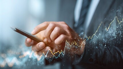 Poster - Businessman Hands Holding Smartphone with Double Exposure Effect
