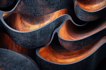 Poster - Abstract shapes layered and waving on a black background with vibrant inner colors creating a modern design, abstract shapes waving layers on black background