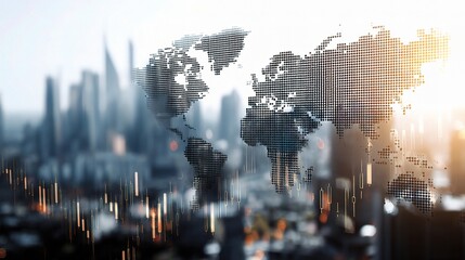 Poster - Double Exposure World Map Overlay with Financial City Background