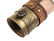 © kanesuan - Vintage style brass telescope with leather wrap, fully collapsed showing detailed etching and focusing mechanism, white background