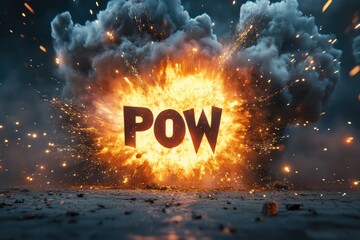 Poster - Dynamic explosion with striking pow effect against a dark backdrop, Amazing explosion with Pow text