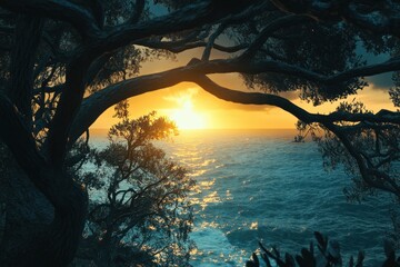 Poster - Discovering a vibrant ocean sunset through the branches of trees, discovering ocean sunset moving thorugh tree branches towards skyline