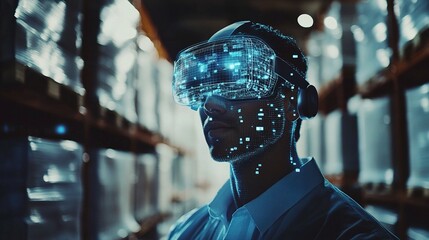Poster - Warehouse Worker Using Augmented Reality Headset in Modern Setting