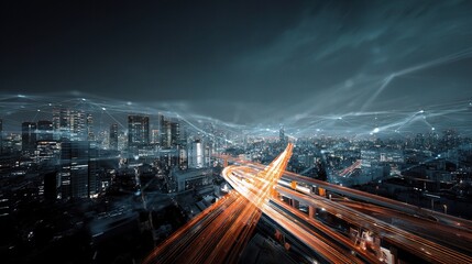 Poster - Urban Skyline Night View with Smart Transportation Integration