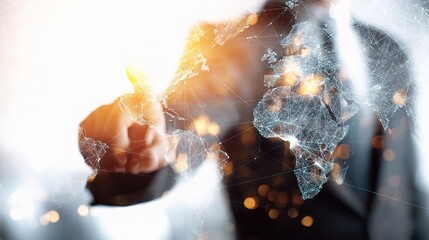 Poster - Businessman Pointing at Digital World Map with Double Exposure Effect