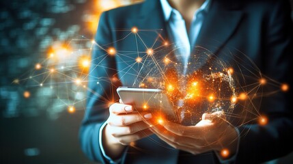 Poster - Businesswoman Using Cellphone in Digital Network Connection Scene